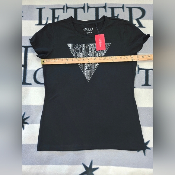 GUESS T-Shirt Women's Black Rhinestone Bling Triangle Logo Large NEW - Picture 7 of 13